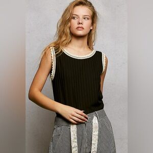 POL Ribbed Round Neck Tank with Lace Trim